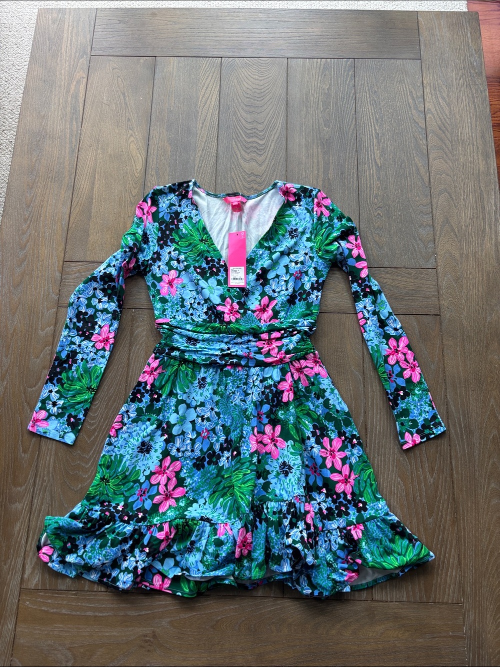 Floral Long-Sleeve Twirl Dress in Blue & Pink